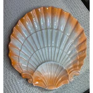 Vintage Lusterware Pottery Orange White Clam Sea Shell Serving Tray 13"